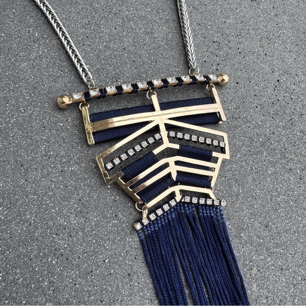 NORDSTROM statement necklace gold NAVY TASSELS silver rhinestones big bib long - Picture 9 of 9